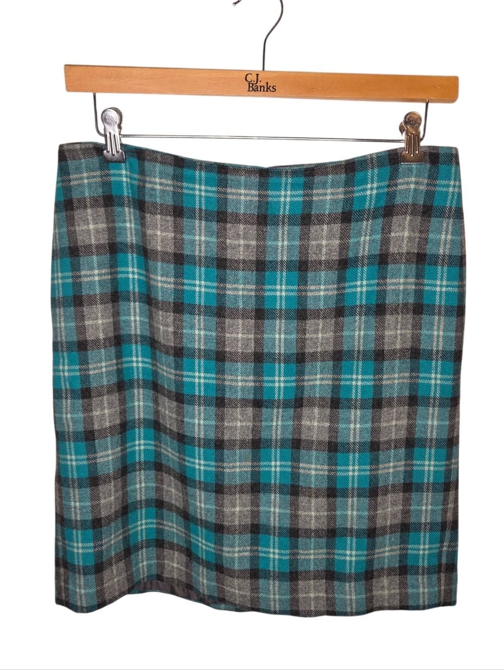 Talbots Tartan Plaid Wool Blend Pencil Skirt, Teal Grey, Size 10, Lined, Career